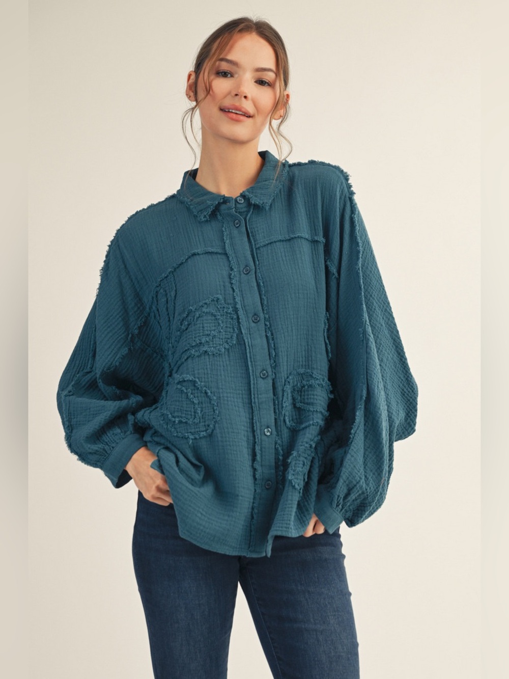 #256 New! Oversized Cotton Textured Flower Button Up Top - Picture 2 of 3